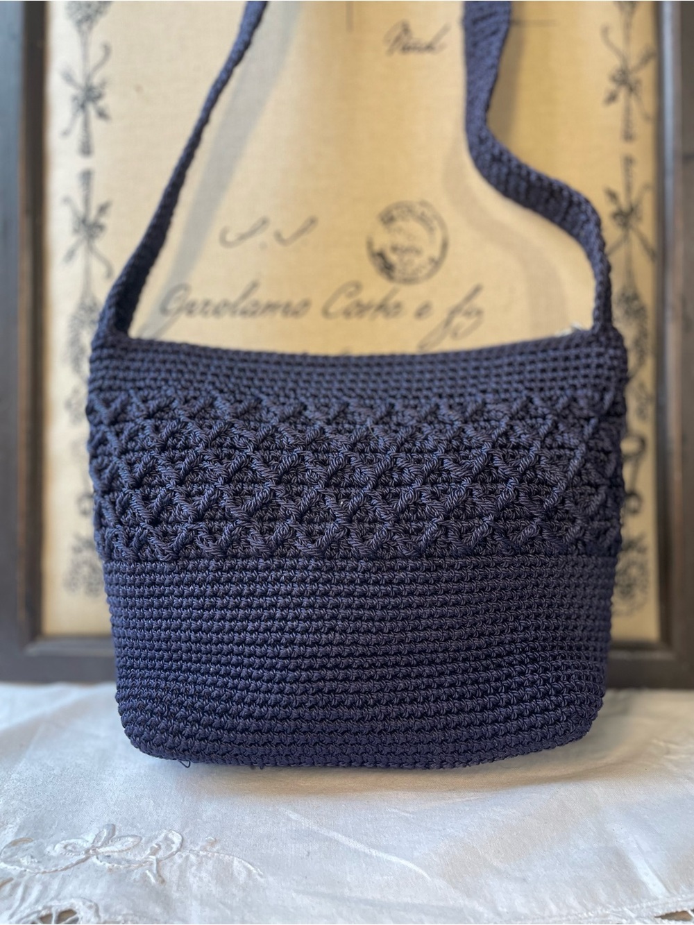 Vintage dark blue woven crossbody bag women’s purse